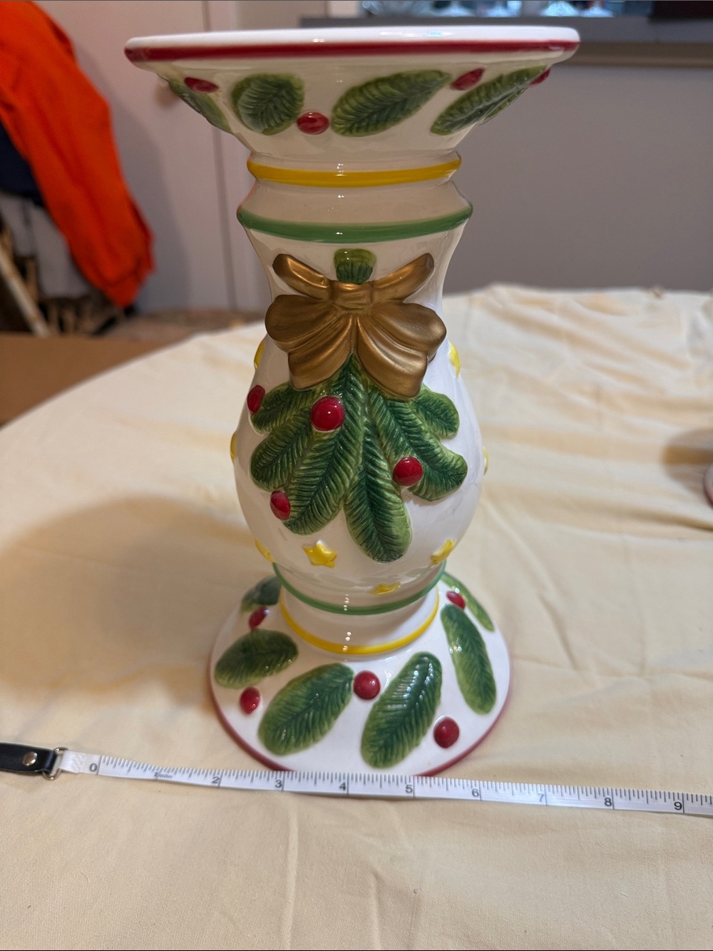 Nikko Festive Ceramic Holiday Candle Holder with Green Pine & Gold Bow
